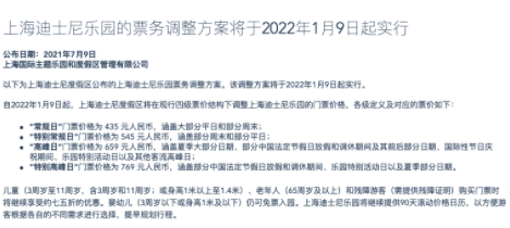 上海迪士尼门票什么时候涨价20213
